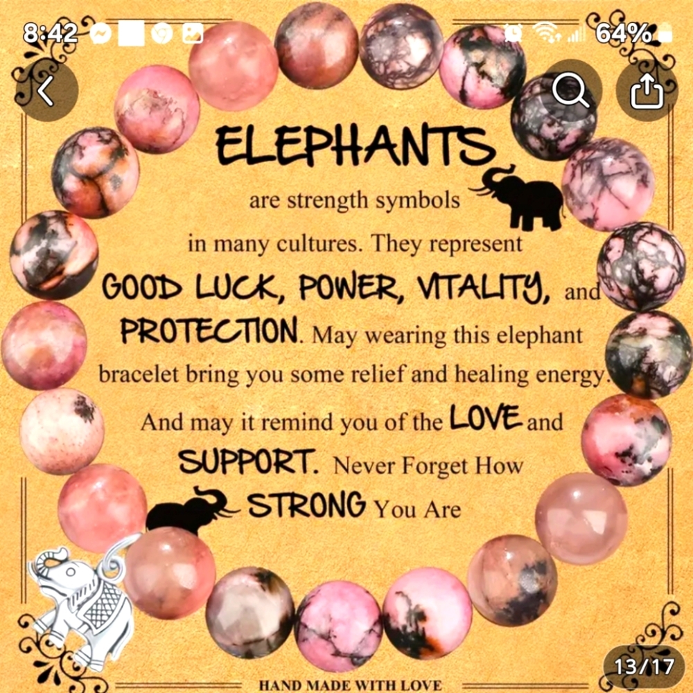 Natural Stone Inspiration Strong Elephant Bracelet With Blessing Card, Elephant